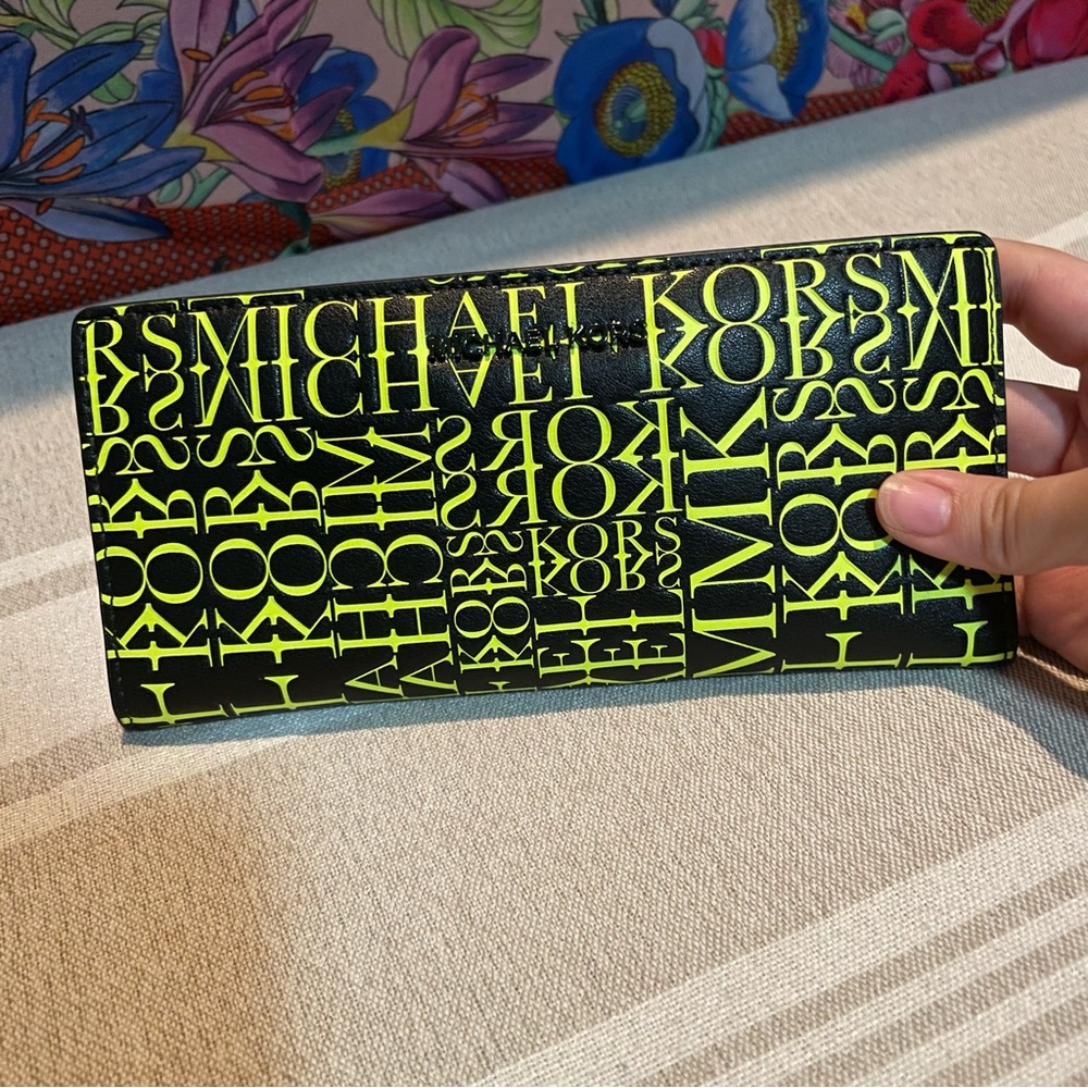 Michael Kors Black and Neon Yellow 2-in-1 Large Leather Wallet